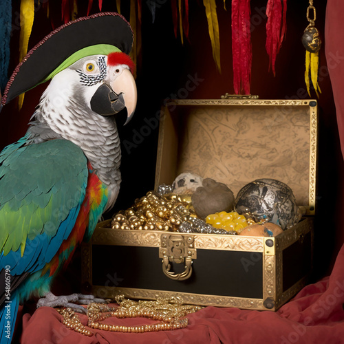 Pirate parrot on a treasure chest