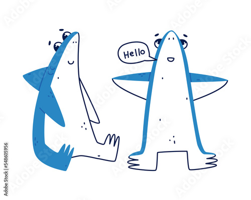 Cute Blue Shark as Sea Animal with Dorsal Fin Sitting and Saying Hello Vector Set
