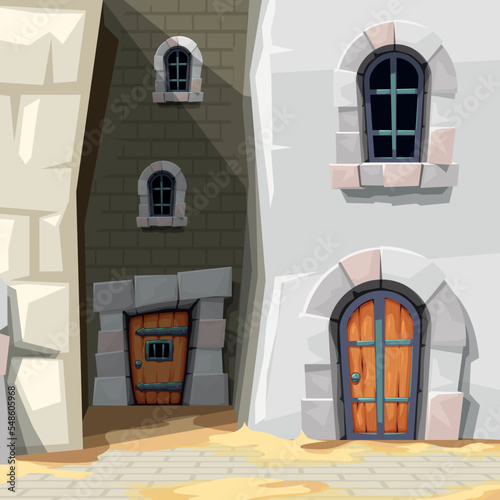 a cartoon medieval street with dark backstreet