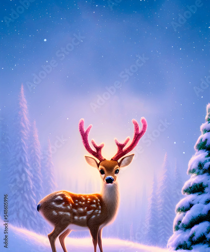 cute little deer,christmas atmosphere, new year postcard, blizzard, winter