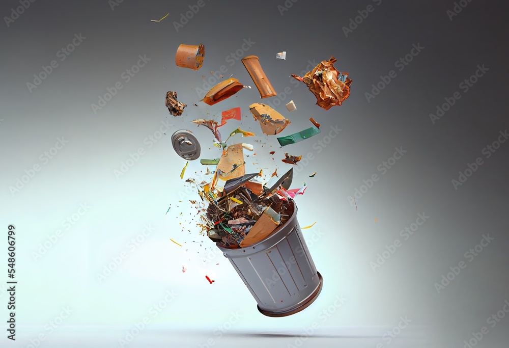 There are garbage cans all over the place on a white background