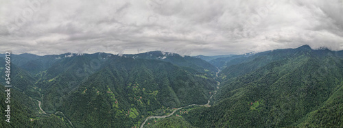 aerial view of foggy forests. Drone shot of the Kackar Mountains in spring. Camlihemsin Rize, Turkey