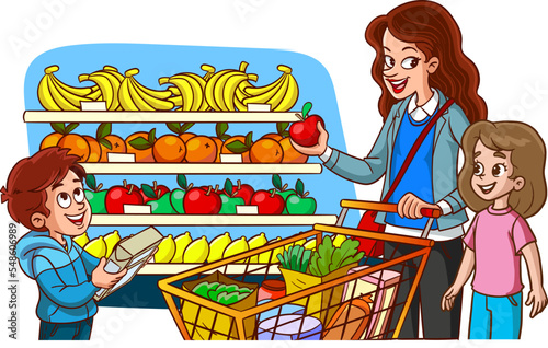 mother and children shopping for groceries cartoon vector
