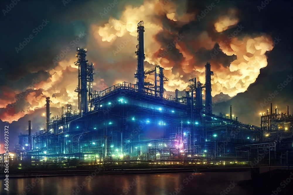 Fototapeta premium A colorful lit chemicals factory at night, with colourful neon lights. Pipelines and smokestacks with rising smoke, symbolizing pollution and rising gas prices. 3D illustration and digital painting.