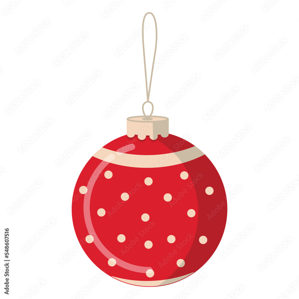 Christmas toy red Christmas tree ball with beige polka dots on a string. Vector Christmas illustration in the style of flats. Christmas toy red Christmas tree ball with beige polka dots on a string. Vector Christmas illustration in the style of flats.