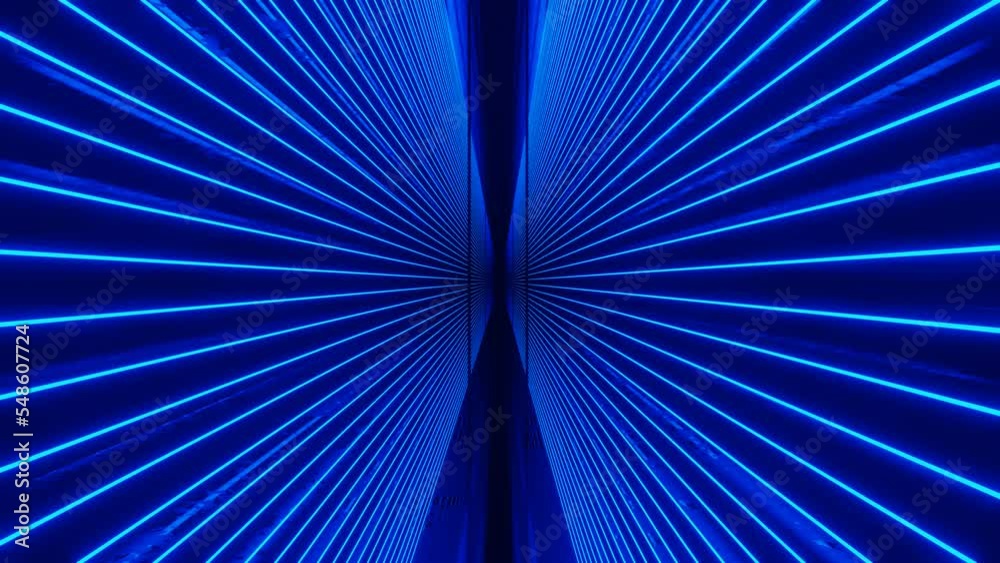 Glow blue lines. 4k seamless looped animation. Fly through mirror tunnel with neon pattern, glow lines form sci fi pattern. Bright reflection neon light. Simple bright background, sci fi structure