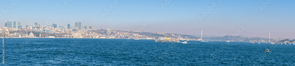 A panoramic view of the Bosphorus from the sea. Istanbul, Turkey.  Istanbul Bosphorus panoramic photo. 
