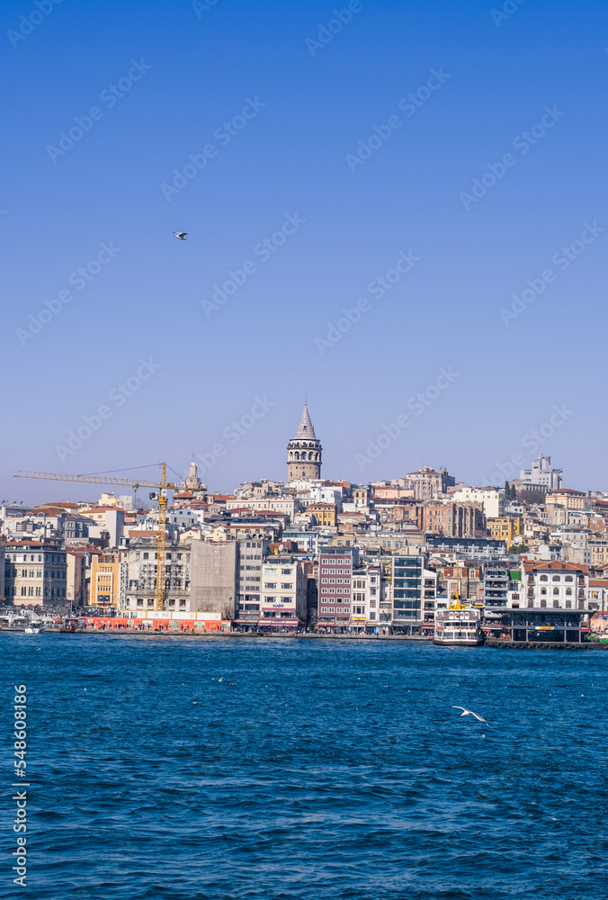 View of Istanbul historical peninsula from the sea, Galata Tower and Istanbul silhouette. Bosphorus 