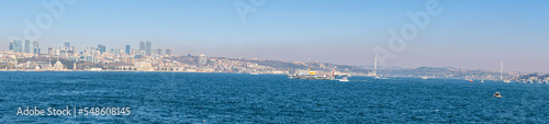 A panoramic view of the Bosphorus from the sea. Istanbul, Turkey. Istanbul Bosphorus panoramic photo. 