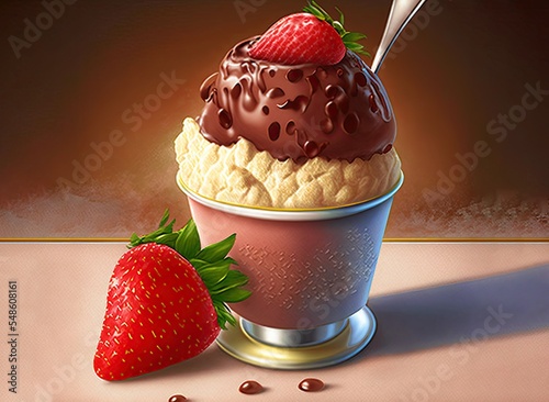 Close-up of a chocolate cream and strawberry ice cream on a cup on isolated background. Strawberry fruit and chocolate flavor ingredients. photo