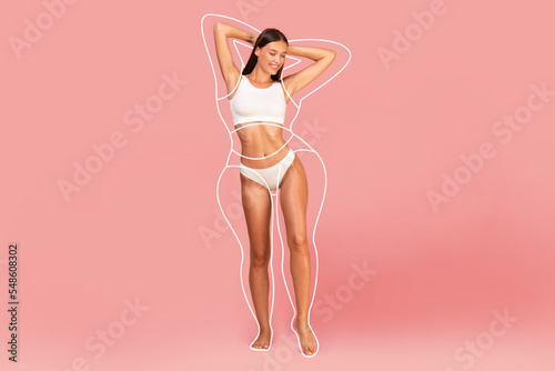 Happy Young Woman With Perfect Body And Fat Silhouette Outlines Around It