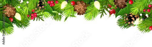 Christmas header or web banner with green fir branches, Christmas lights, pine cones, holly, and mistletoe. Vector illustration