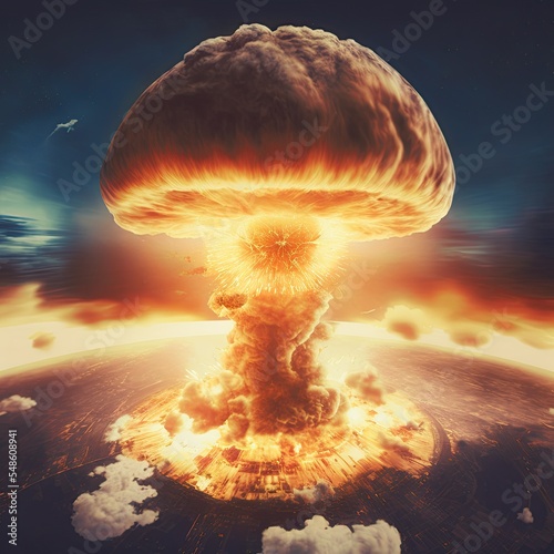 Fototapeta aerial view of a nuclear explosion in a skyline creating a nuclear fire mushroom cloud in an apocalyptic war