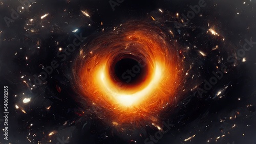 On April 10th, scientists revealed the first picture of a black hole, illustrated here at the centre of the galaxy Messier 87. Black background with copy space. 3D illustration photo