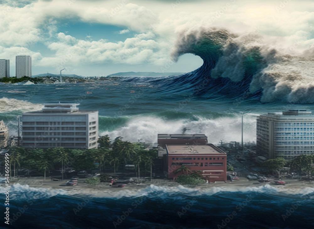 A 100-foot-high mega-tsunami is destroying an urban beach on a tropical ...
