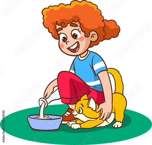 girl giving milk to kitten cartoon vector