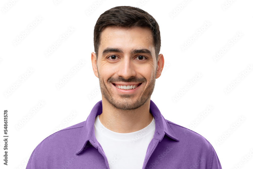 Headshot portrait of happy smiling young man