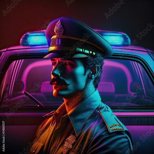 Fototapete Synthwave futuristic military cartoon taxi driver, digitally generated