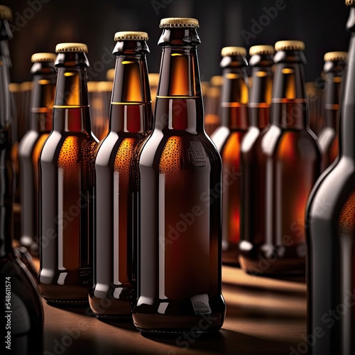 Bottles of dark beer or cola soda on conveyor belt at brewey. Product design. 3d render illustration. photo