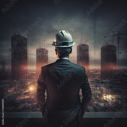 CEO businessman in hardhat helmet and suit overlooking business building project.