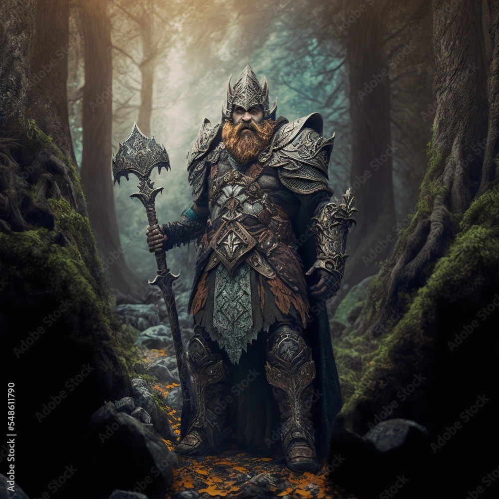 Dwarven warlock warrior in ancient forest of elves. Fantasy 3d character concept. - obrazy, fototapety, plakaty 