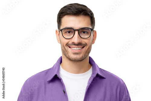 Headshot portrait of young handsome smiling man in purple shirt and glasses © Damir Khabirov