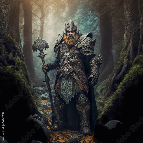 Dwarven warlock warrior in ancient forest of elves. Fantasy 3d character concept. © Henry Letham