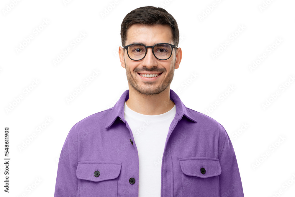 Close-up portrait of young handsome smiling man wearing purple shirt and glasses Close-up portrait of young handsome smiling man wearing purple shirt and glasses