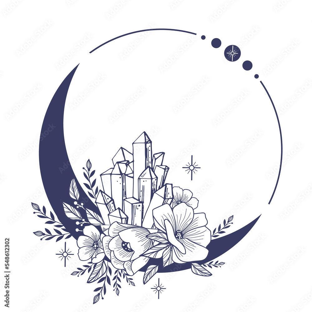 Set of Crescent moons with flower, Flower Moon, Floral magic celestial
