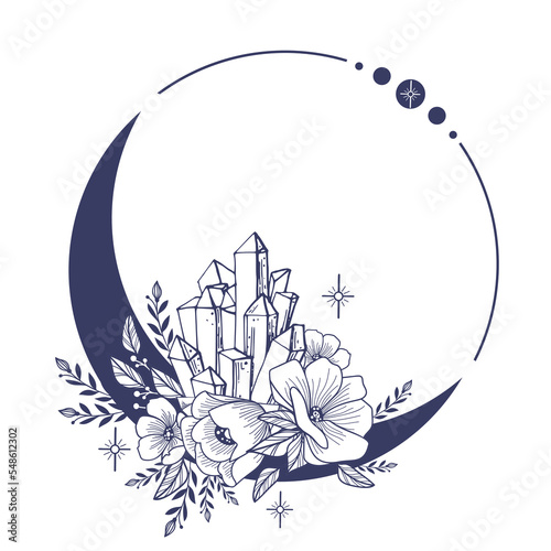 Set of Crescent moons with flower, Flower Moon, Floral magic celestial clipart, Blooming Moon with Stars and crystals
