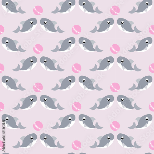 pink seamless pattern with grey shark with ball. Vector illustration