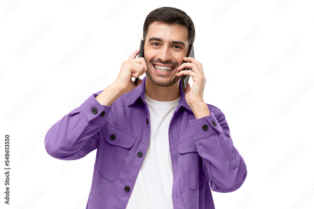 Busy businessman talking using two phones Busy businessman talking using two phones