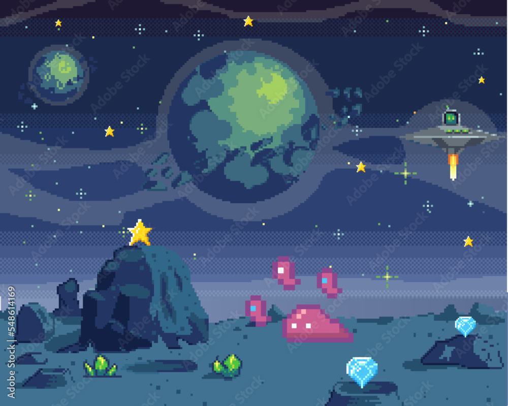 Pixel art cosmic area, game location. Scene with fantastic planets in outer space. Futuristic spaceships during war in space. Pixel retro program about space interface. Pixelated design vector