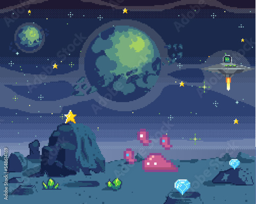 Pixel art cosmic area, game location. Scene with fantastic planets in outer space. Futuristic spaceships during war in space. Pixel retro program about space interface. Pixelated design vector