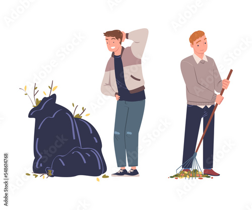 Man Volunteer Character with Rake and Bag Cleaning Street Gathering Foliage Vector Set