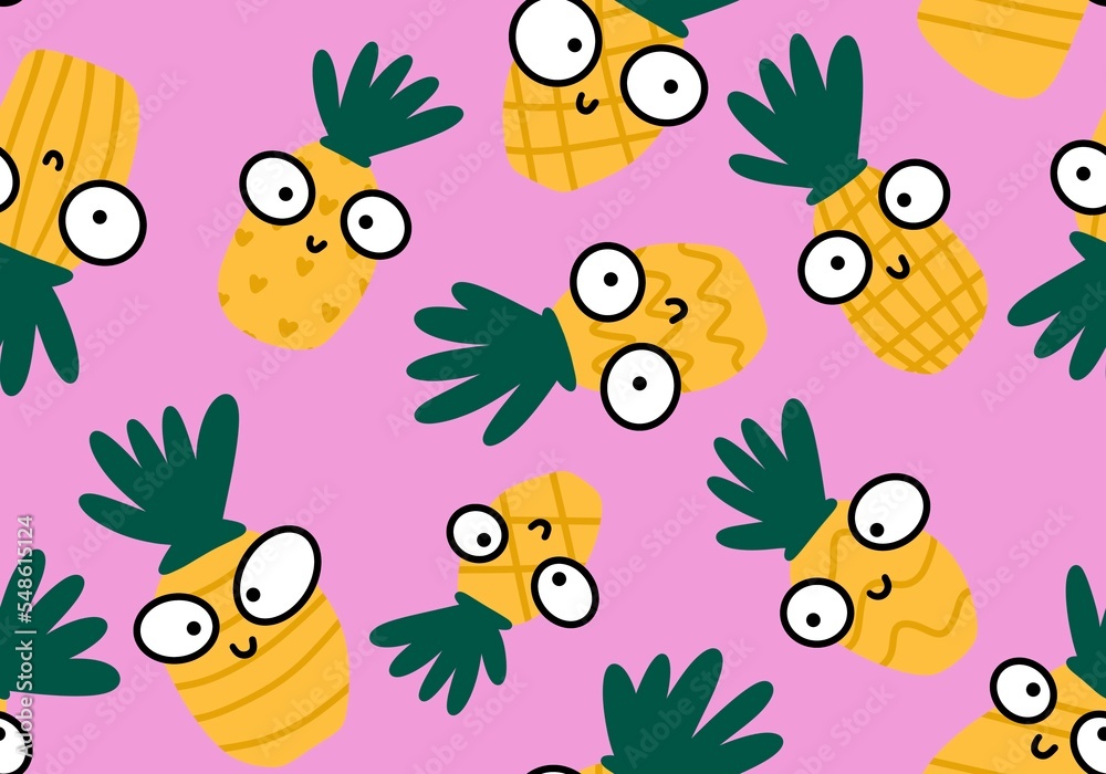 Obraz premium Fruit seamless cartoon pineapple pattern for wrapping paper and fabrics and linens and kids clothes print