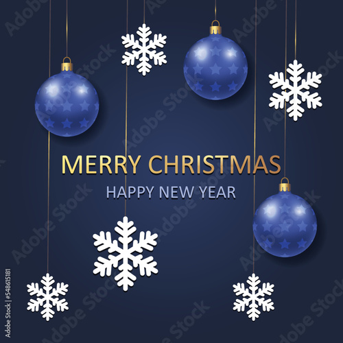 Merry Christmas and Happy New Yer card with Christmas balls  Christmas tree toys and snowflakes