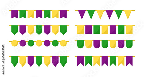 Vector triangle flags garland collection isolated on white. Burgee cartoon set for Mardi Gras decor