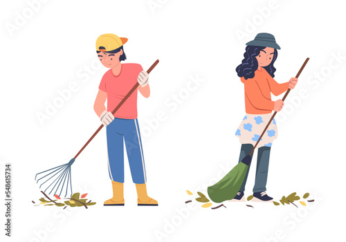 Teen Boy and Girl Volunteer Character with Rake and Broom Cleaning Street Gathering Foliage Vector Set