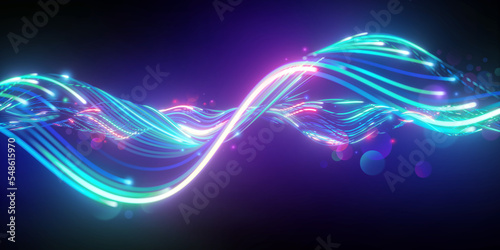 Obraz na plátně 3d render, abstract background with pink blue glowing neon lines and bokeh lights