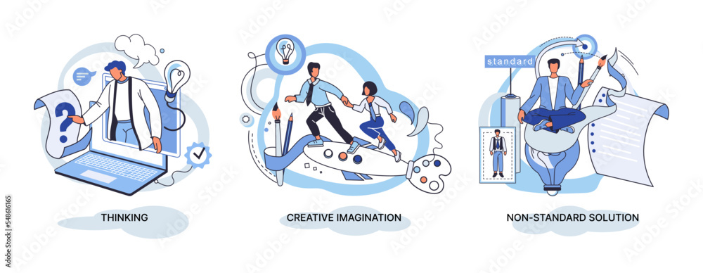 Fototapeta premium Creative thinking. People with different mental mindset types or model creative. Imaginative logical and structural thinking. MBTI person metaphor. Non standart solution. Brain think people solve idea