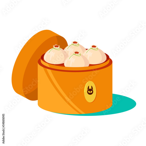 asian food in wooden box manti with red caviar
