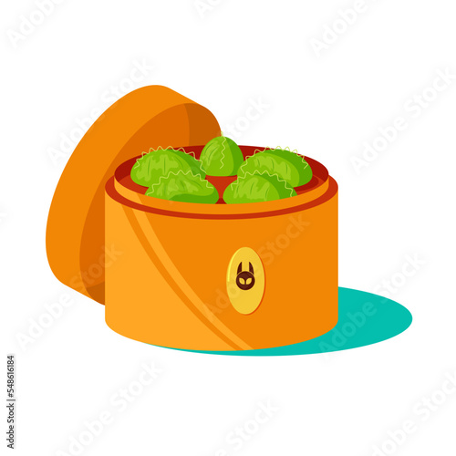 asian food in wooden box manti with spinach