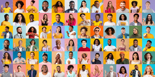 Fototapeta Happy group of multicultural men and women posing over bright backgrounds
