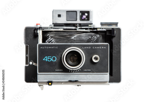 Retro film photo camera isolated on white background.