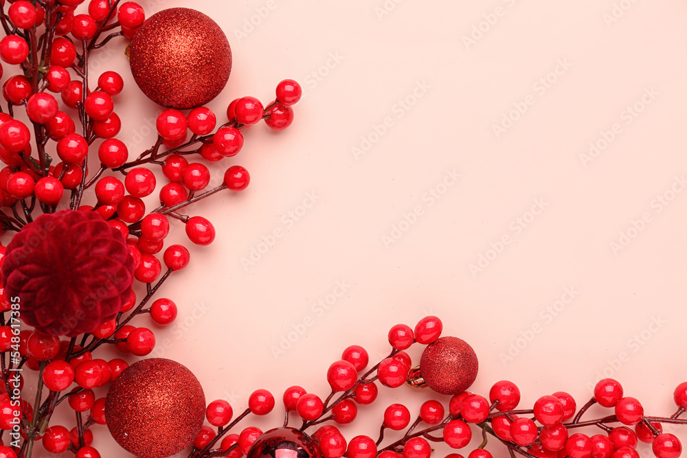 Composition with Christmas balls and red berries on color background, closeup Composition with Christmas balls and red berries on color background, closeup