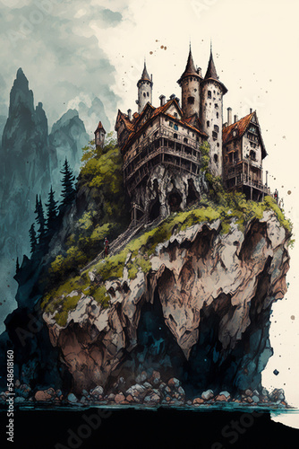 Illustration of a castle on a cliffside, fantasy style painting © Mikiehl Design