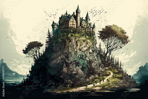 Valokuva Illustration of a castle on a cliffside, fantasy style painting