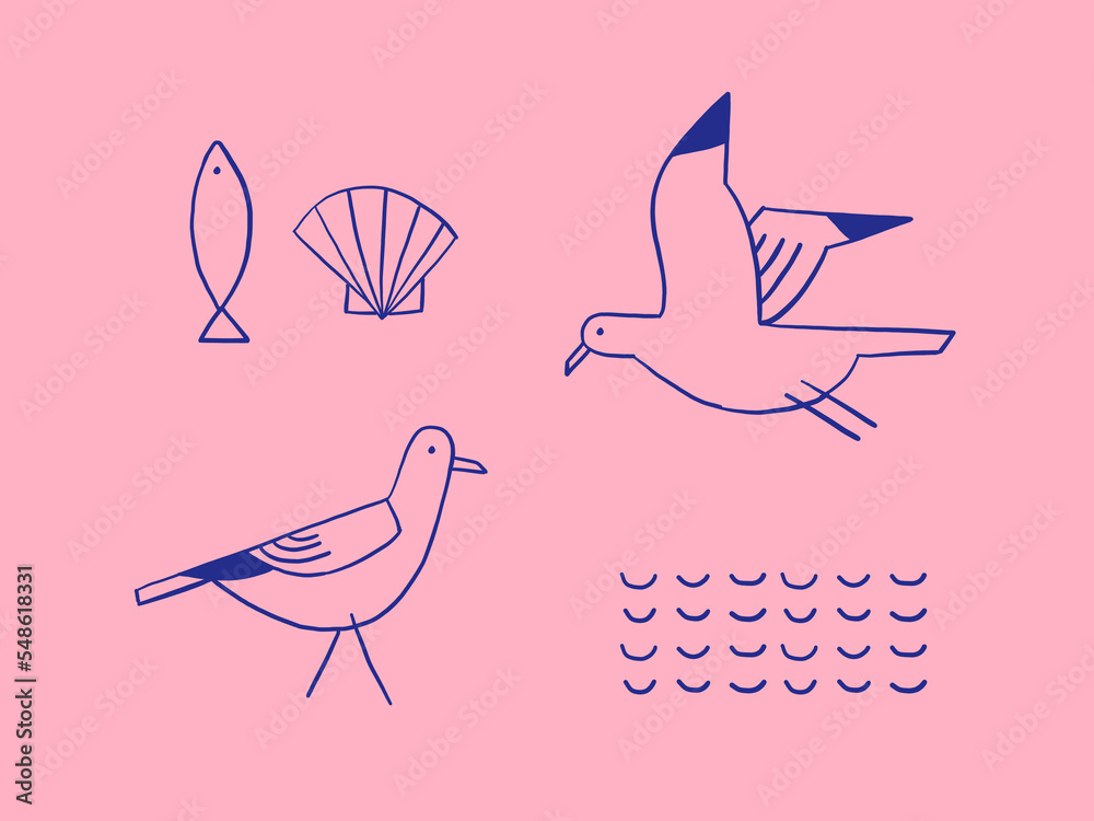 Mouettes vecteurs illustration illustratif coquillage poisson mer ocean oiseaux 
Seagulls vector  sea ill linear lineaire  bird 