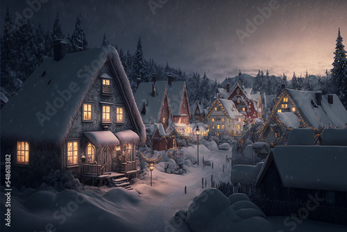 Christmas fantasy village illustration, Winter town